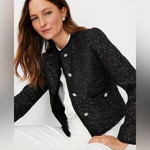 Ann Taylor Short Patch Pocket Jacket Sequin Fringe Tweed 2 NWT